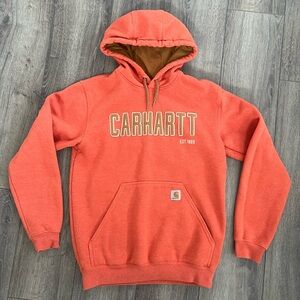 Carhartt Men's Loose Fit Mid-weight Felt Logo Graphic Orange Hoodie Sweatshirt S